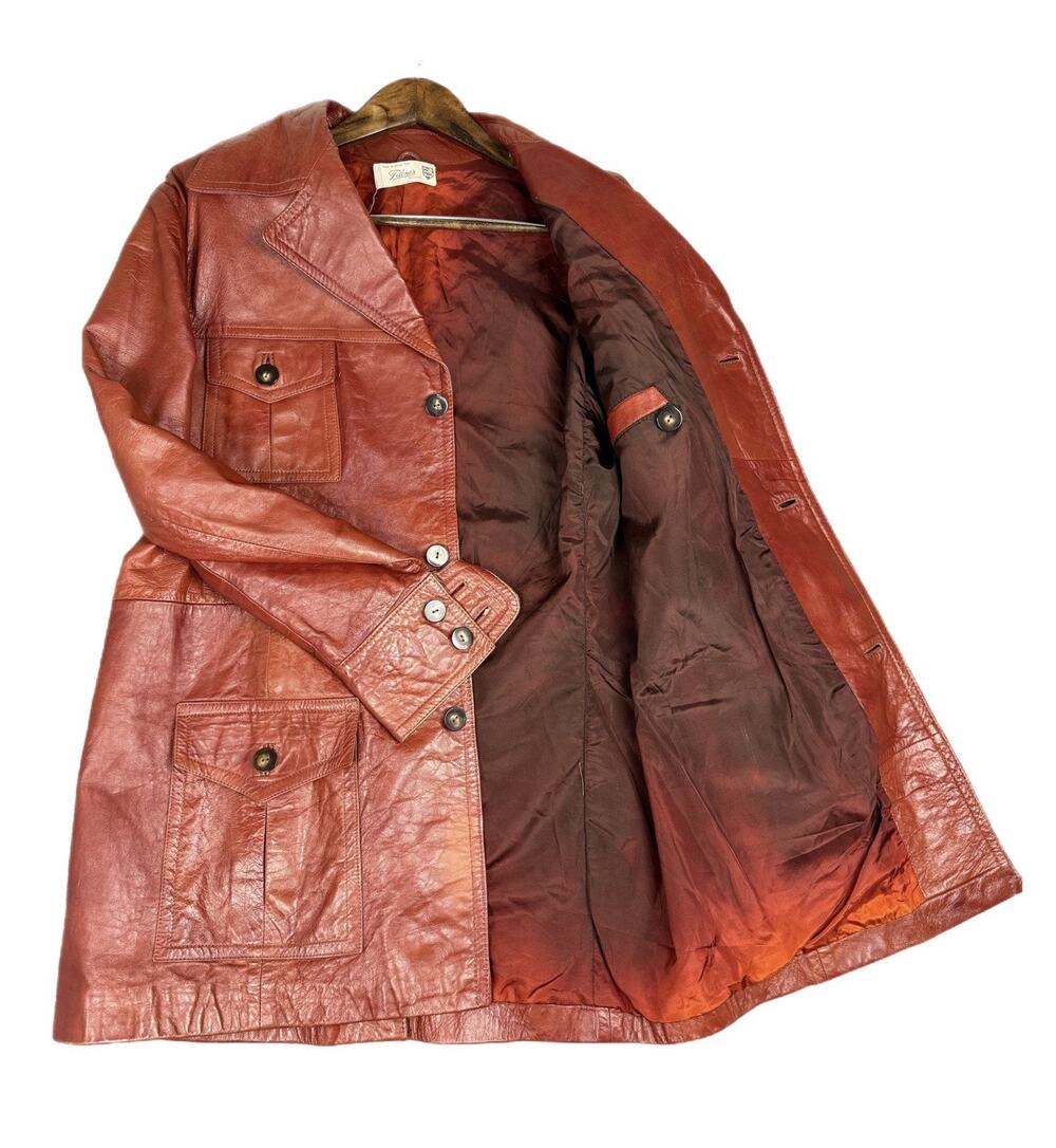 Vintage 1970s Filene’s Boston Leather Safari Jacket Rust Red Made in Israel Coat